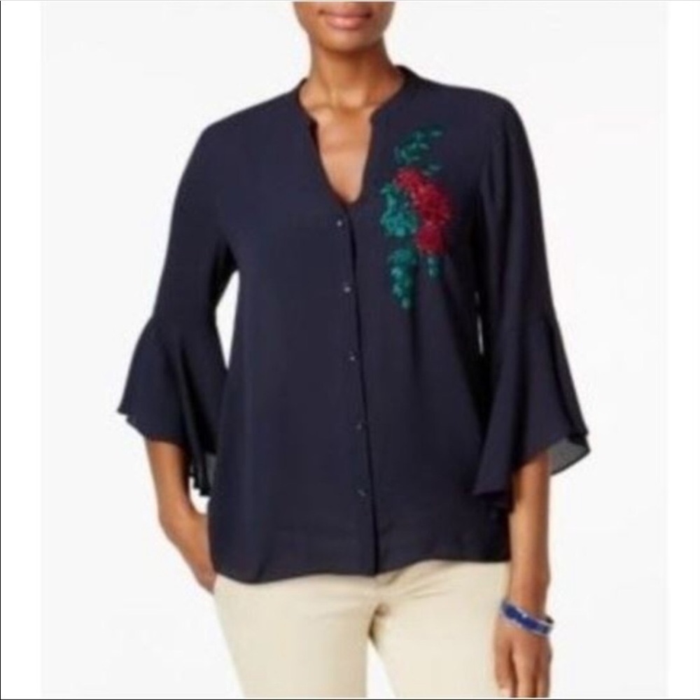Charter Club size XXL black button down blouse with rose appliqué, bell sleeve